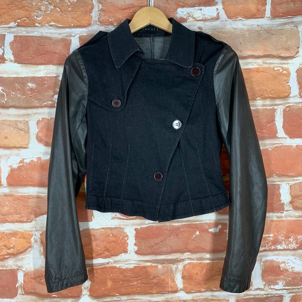 Theory M Denim Jean Leather Cropped Biker Jacket